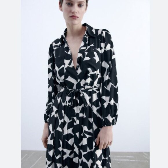 Zara Medium M Black white Patterned Shirt Dress Midi Maxi Dress 6 - Picture 2 of 8